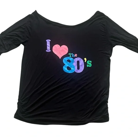 Vintage casual black top shirt L scooped neck line 3/4 ruched sleeve/hem graphic - Picture 4 of 12